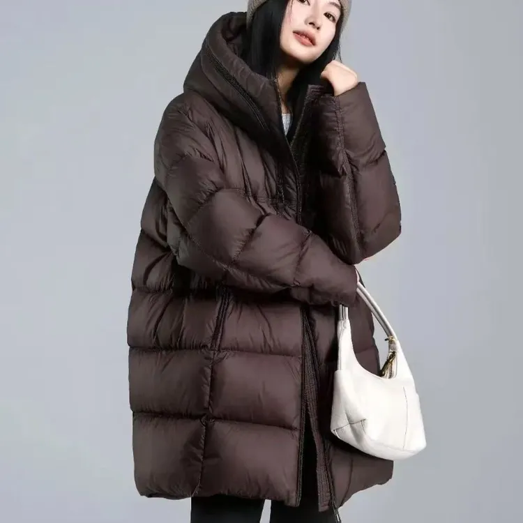 欧货2025冬羽绒服女中长款时尚韩版宽松连帽设计感白鸭绒加厚外套