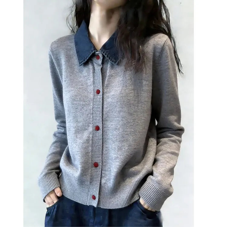 欧货高级感牛仔拼接翻领针织开衫女秋冬灰色减龄显瘦百搭毛衣外套