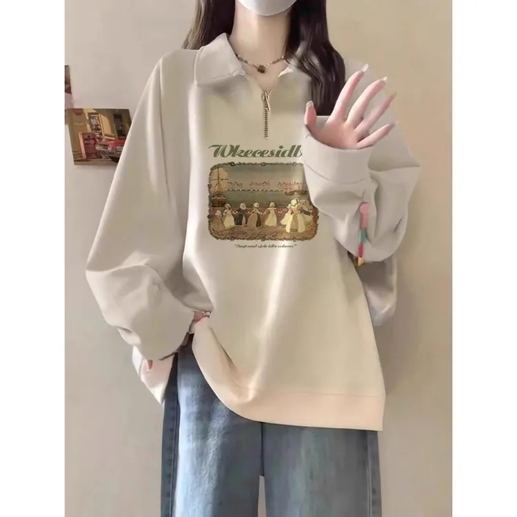 美式半拉链卫男衣女学院风大码300斤宽松春秋冬加绒翻领长袖外套2