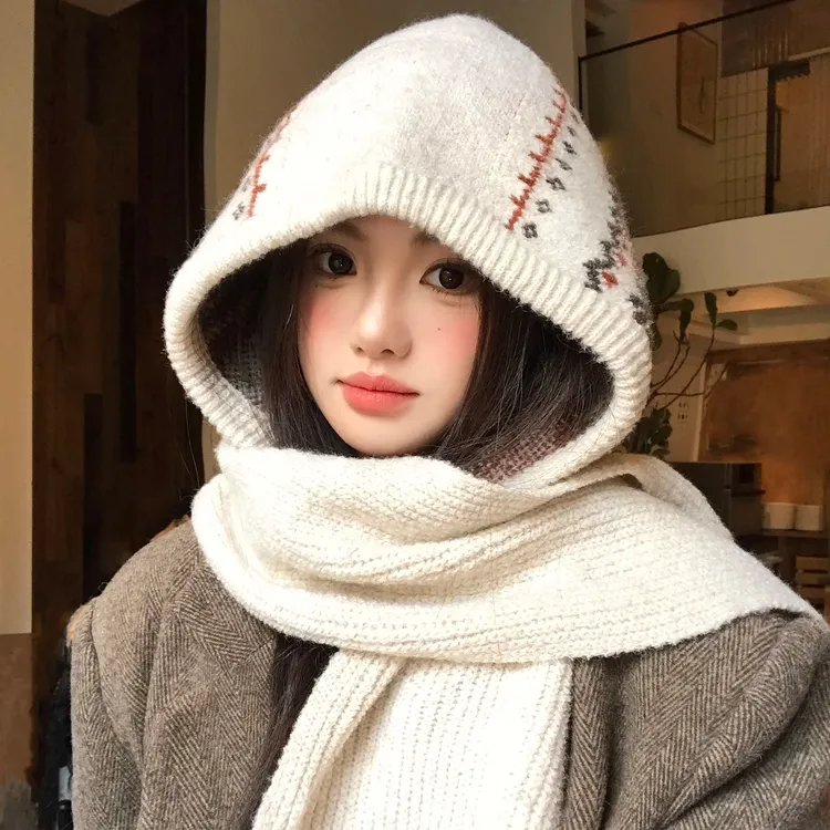 费尔岛针织帽子围巾一体女冬保暖巴拉克拉法帽大头围加厚护耳连帽