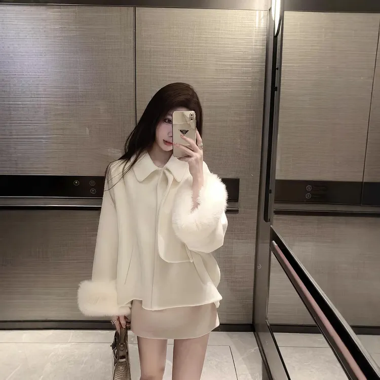 巴斯恋人秋冬新款狐狸毛高级双面羊绒大衣女羊毛呢斗篷皮草外套