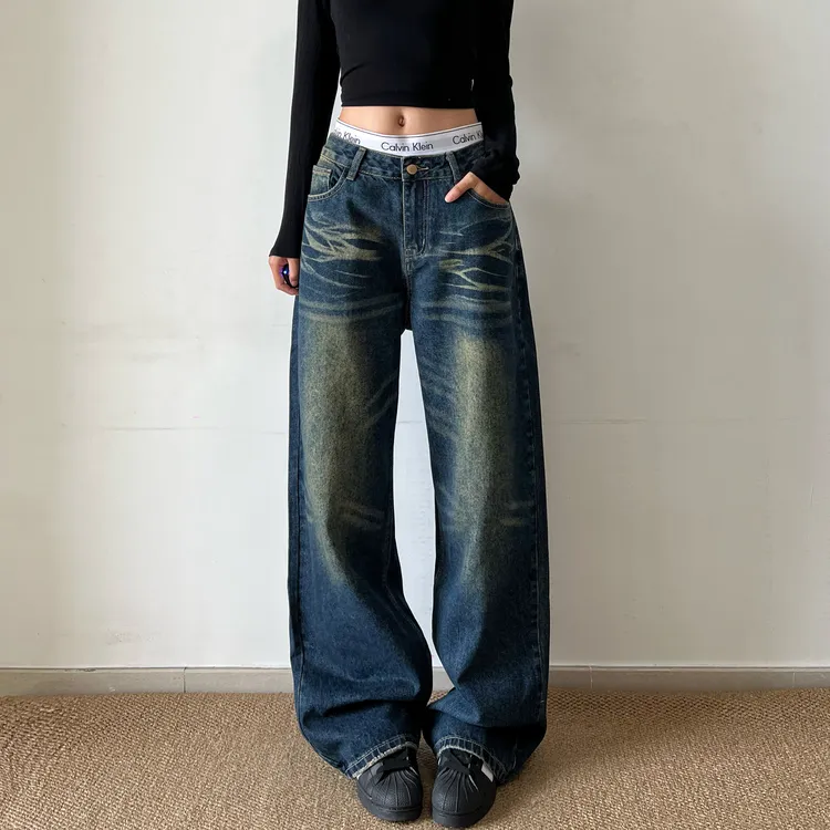 Hope88美式复古阔腿牛仔裤女秋冬新款高腰宽松显瘦垂感直筒长裤男