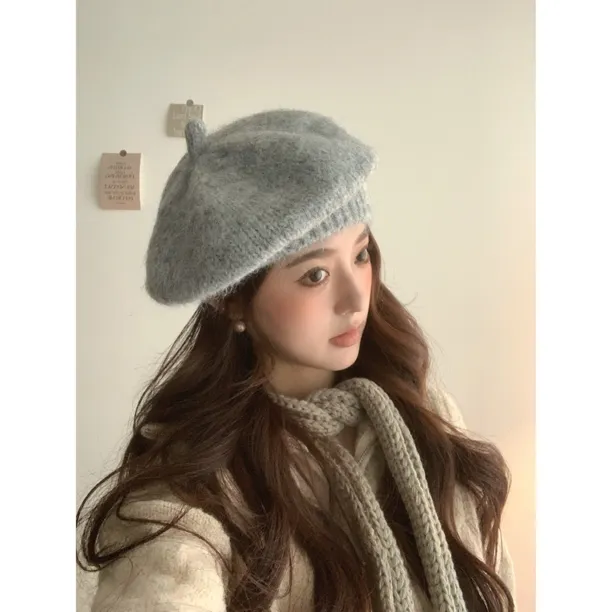 秋冬针织马海毛贝雷帽帽子冬季可爱女韩版冬天纯色冷帽百搭显脸小