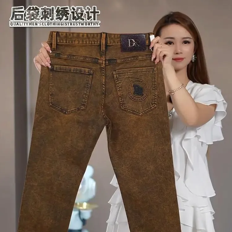 后袋刺绣男士牛仔裤秋冬新款高级感水洗复古黄棕修身小直筒长裤子