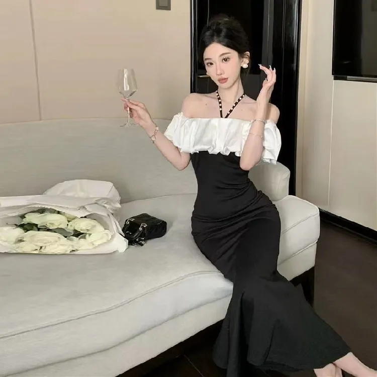 赫本风法式名媛气质一字肩晚礼服女春夏高级感鱼尾包臀挂脖连衣裙