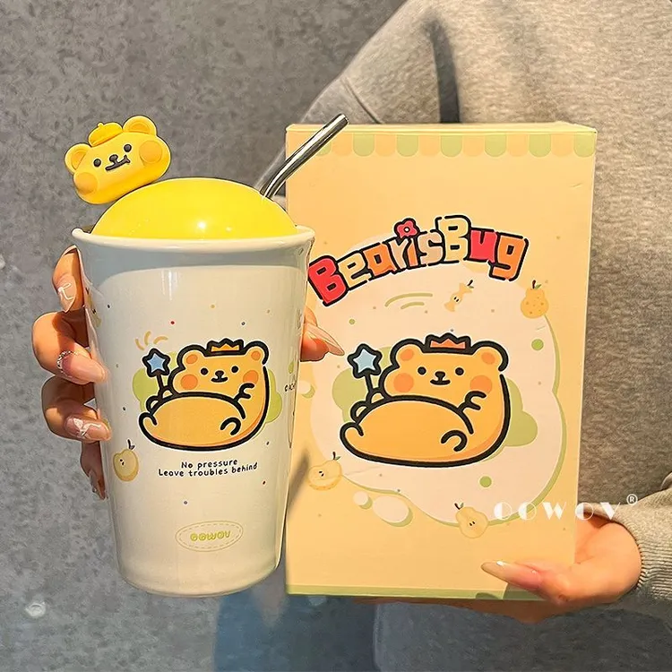 小熊虫联名陶瓷杯2025新款高颜值女士咖啡杯办公室吸管杯生日礼物