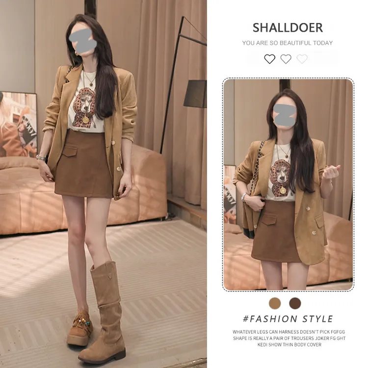 港风复古时髦套装女2025年春秋新款卡通短袖西装外套半身裙三件套