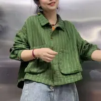 复古文艺做旧细条纹宽松短款外套