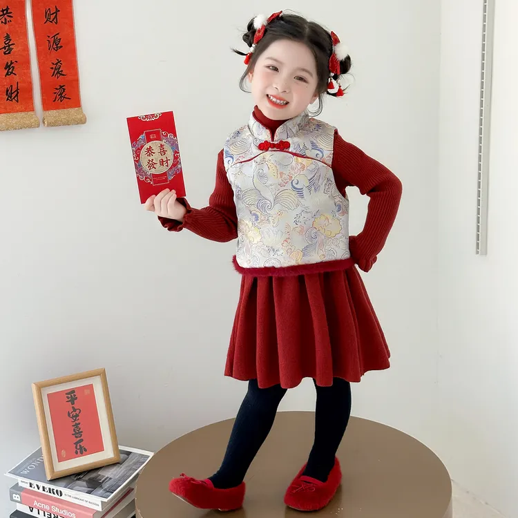 女童国风套装2025新款儿童冬装女宝宝时尚旗袍马甲毛衣裙两件套潮