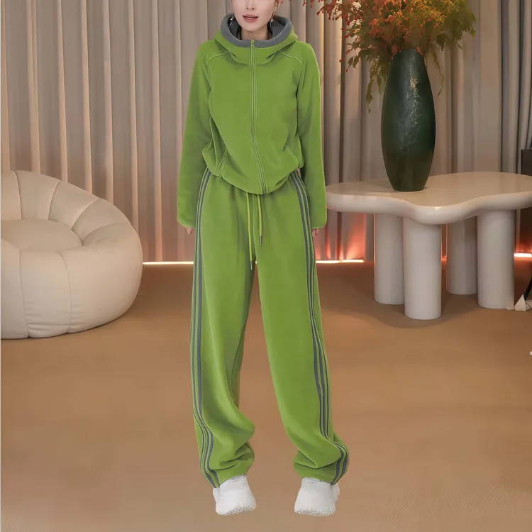 时尚设计感撞色连帽摇粒绒长袖卫衣2025冬季新款显瘦外套保暖套装