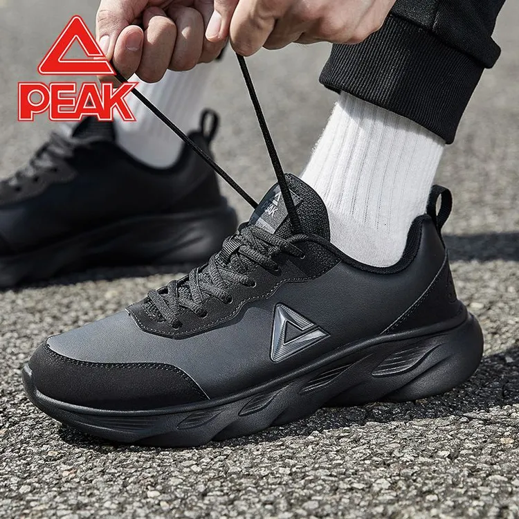 Peak/匹克跑步鞋男鞋秋冬季轻便跑鞋男士黑色皮面防水休闲运动鞋