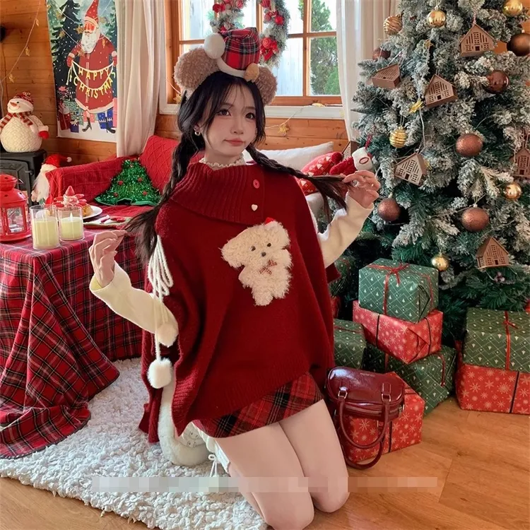 大码胖MM不规则新年红色毛衣女春秋设计感慵懒风宽松斗篷针织上衣