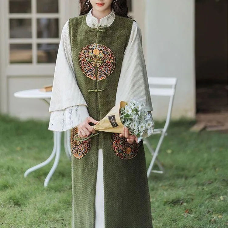 复古改良版汉服衣裙女2025年秋季新款袖口显瘦盘扣裙子通勤两件套