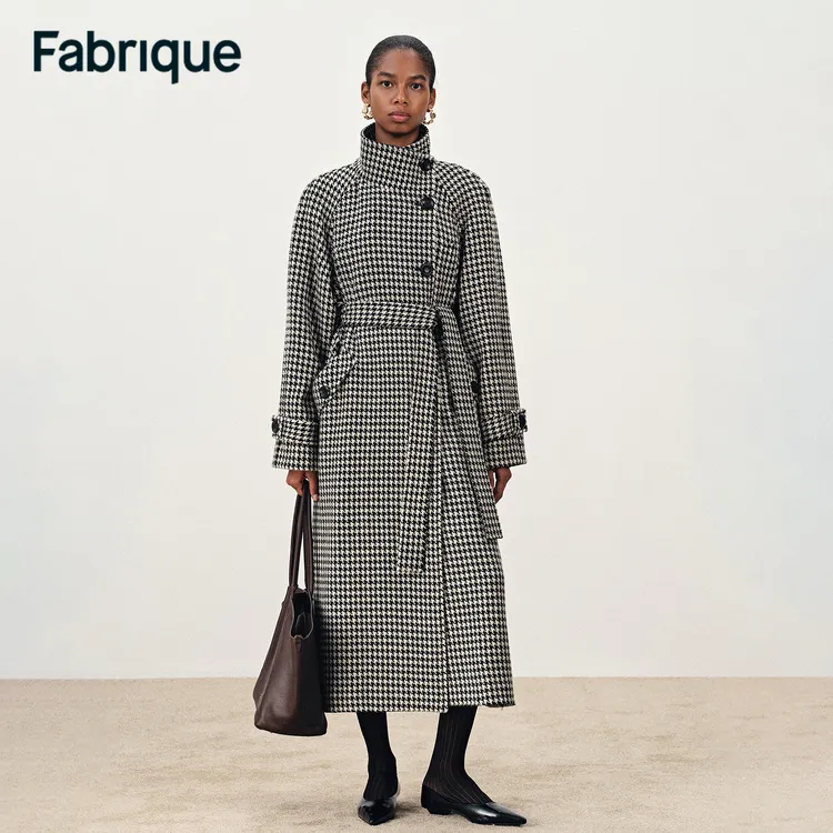 Fabrique Saki 秋冬新品千鸟格绵羊毛配腰带立领偏门襟长款大衣