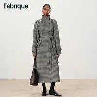Fabrique Saki 秋冬新品千鸟格绵羊毛配腰带立领偏门襟长款大衣