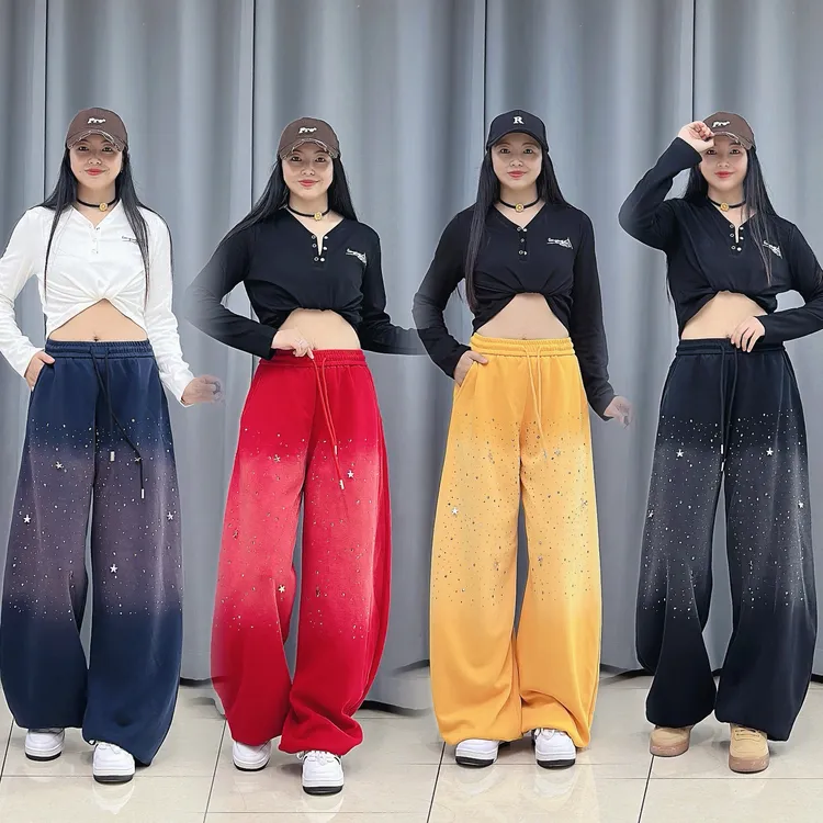 早秋高腰设计显瘦休闲时尚阔腿带钻长裤宽松（小版弯刀裤）阔腿裤