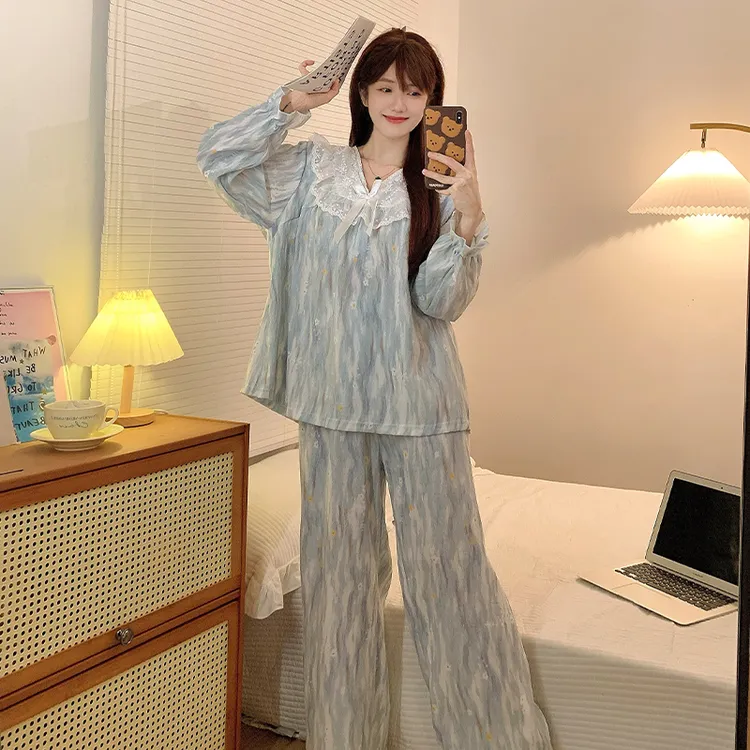 炸姐大码睡衣女秋季2025新款晕染蓝V领套装休闲甜美可外穿家居服