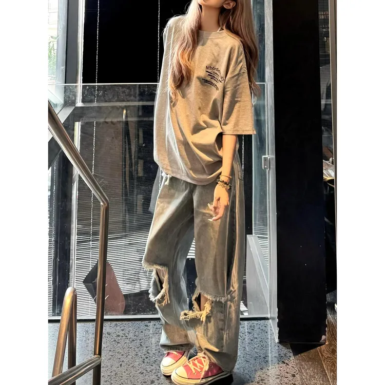 微胖mm水洗高腰破洞牛仔裤女夏季新款阔腿宽松显瘦松弛百搭直筒裤