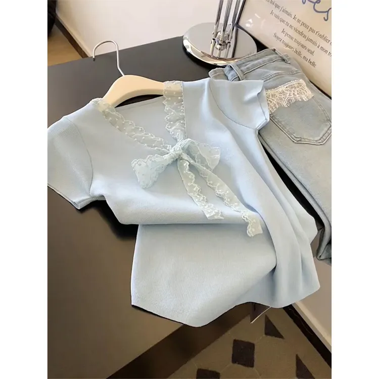 法式蓝色V领蕾丝蝴蝶结系带T恤女夏季小个子时尚洋气正肩短袖上衣