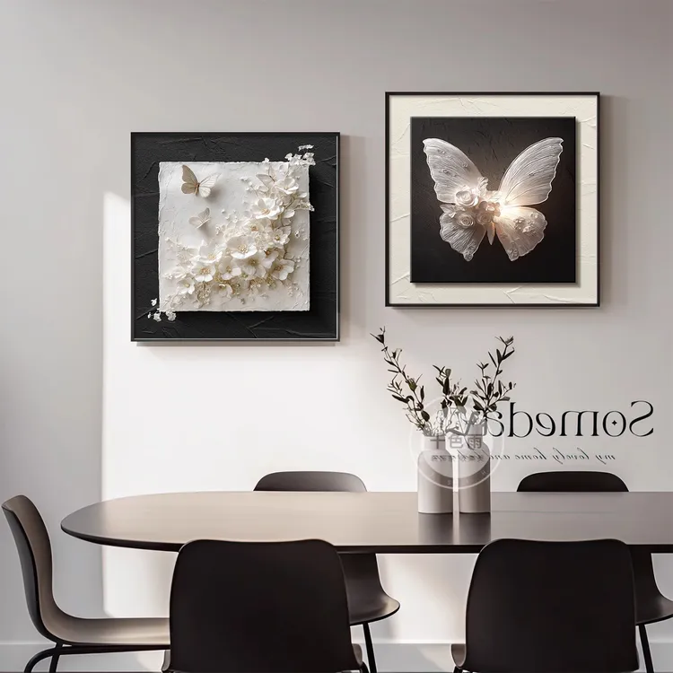 现代简约餐厅装饰画轻奢高级感餐桌挂画法式黑白蝴蝶卧室床头壁画