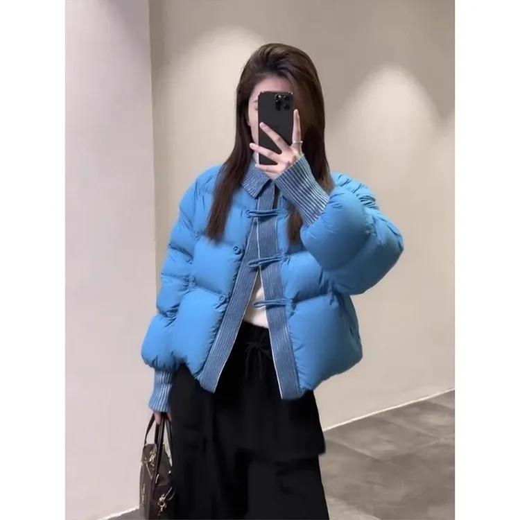 蓝色拼接棉服冬季女2025新款小个子巨好看的加厚保暖面包服外套女