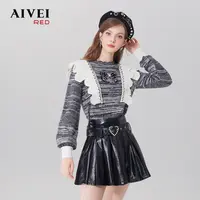 【陈大可专属】AIVEI艾薇奶甜森系复古荷叶边时尚针织毛衣Q0560007
