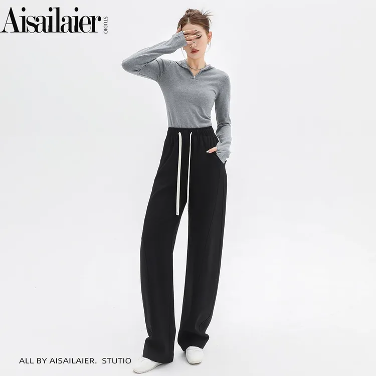 艾赛莱尔抽绳窄版高腰香蕉裤女2025初秋镰刀裤宽松显瘦弯刀阔腿裤