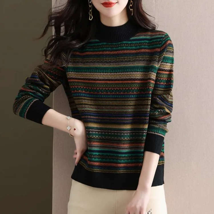 爆款女毛衣保暖女士宽松羊绒打底衫妈妈装宽松羊毛衫打底衫条纹