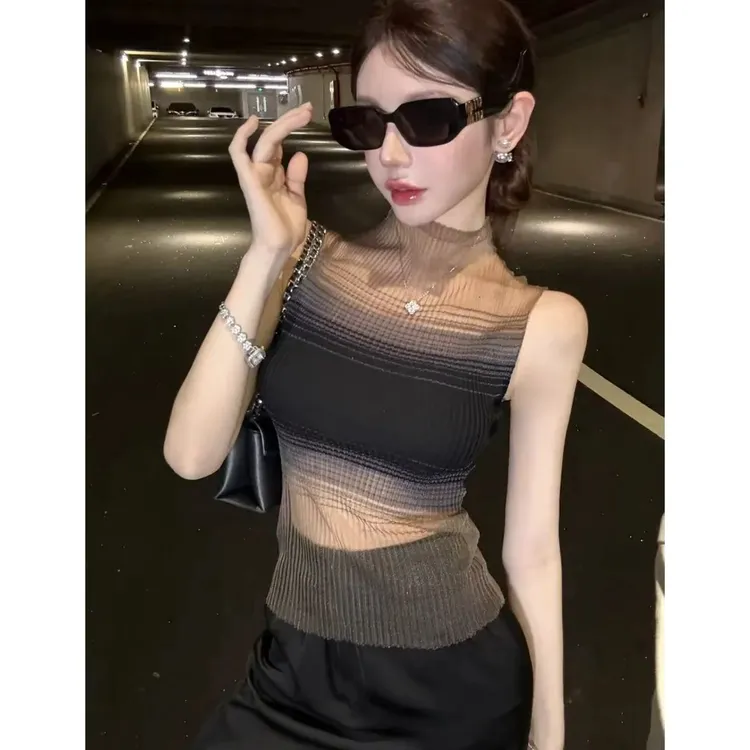 韩系辣妹渐变色条纹无袖t恤女夏季韩版复古时尚气质修身显瘦上衣