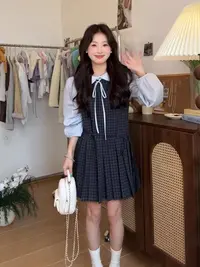 （看姐妹预约人数上新款式）新款韩版秋季格子背心连衣裙搭衬衫套装