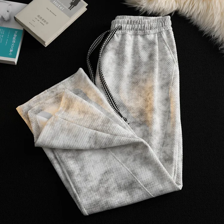 玛斯柏脏脏风美式扎染提花休闲长裤男士春秋季松紧腰抽绳直筒裤子