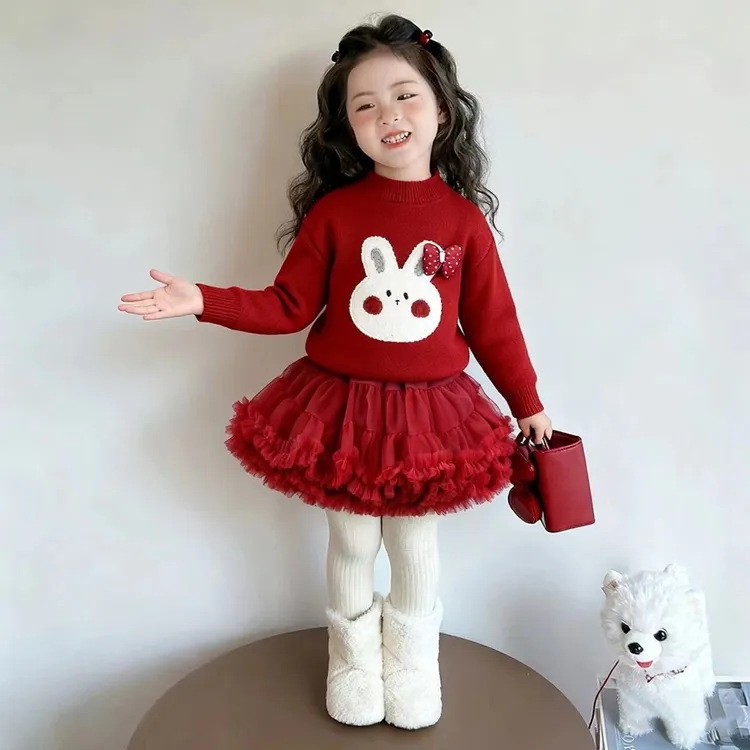 女童毛衣小兔子女宝加厚一体绒配突突裙两件套圆领针织打底衫套装