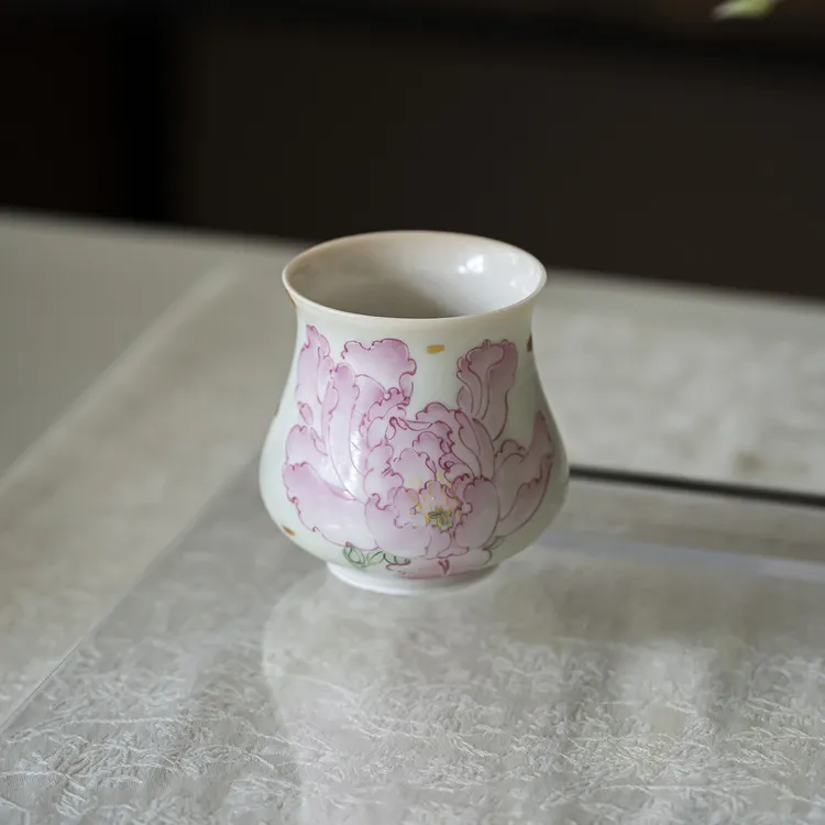 白志野手绘荷花水瓶陶瓷茶杯家用主人杯品茗杯茶盏功夫茶杯单杯