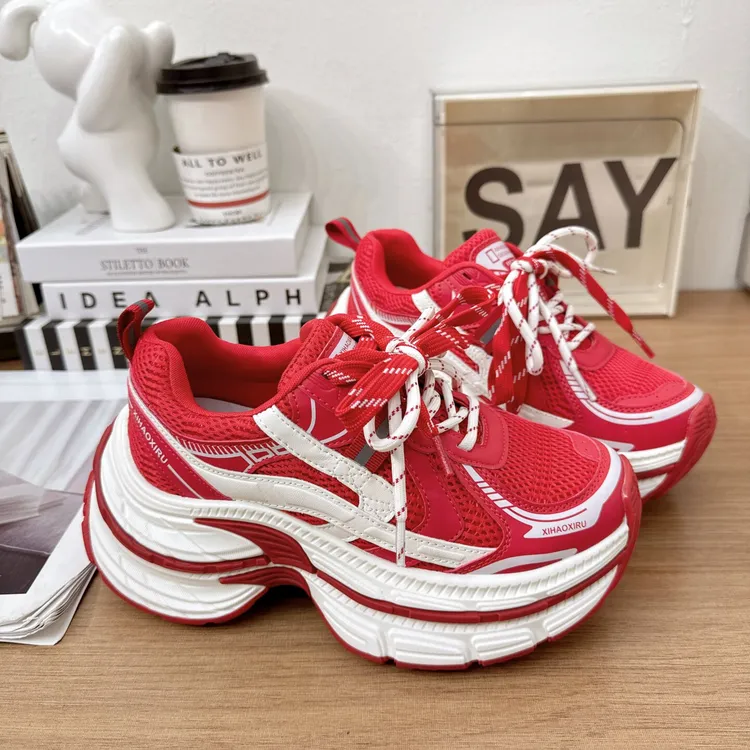 欧货春季新款真皮网面厚底老爹鞋女小个子增高网红系带休闲运动鞋