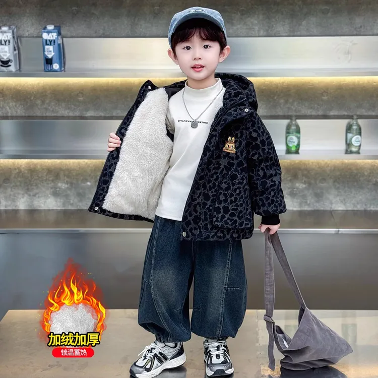 儿童装男童加绒外套2025新款洋气男宝宝秋冬款帅气炸街豹纹棉服潮