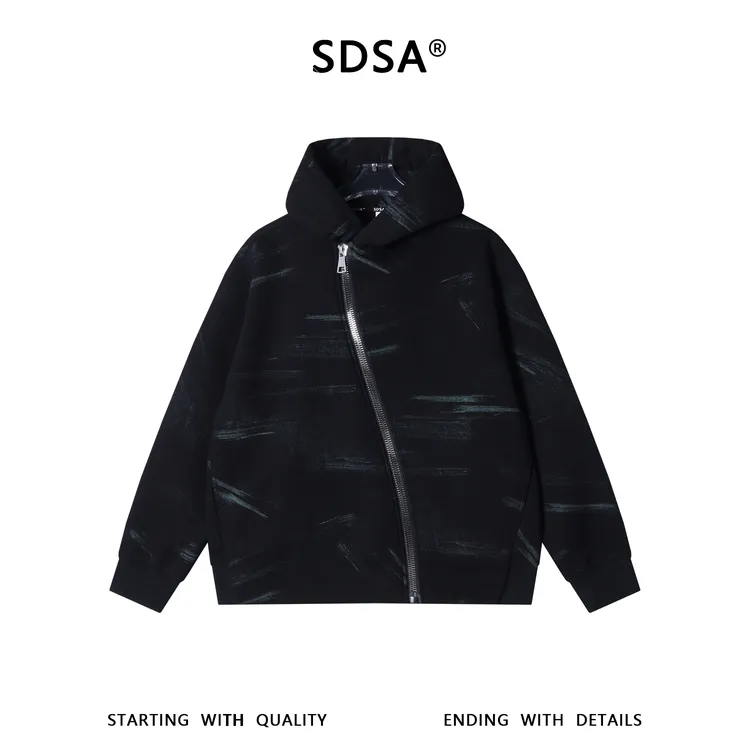 SDSA男士秋冬新款痞帅男装潮牌撞色印花斜拉链连帽卫衣百搭时尚