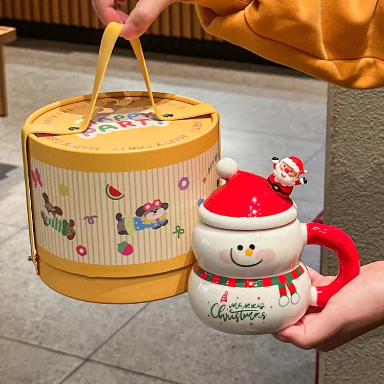 可爱圣诞雪人水杯礼盒高颜值陶瓷马克杯带盖办公室咖啡杯生日礼物