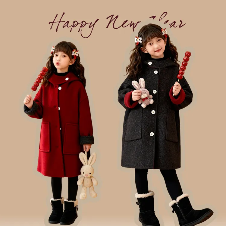 女童双面穿红色毛呢大衣外套秋冬2025新款大童中长款儿童装拜年服