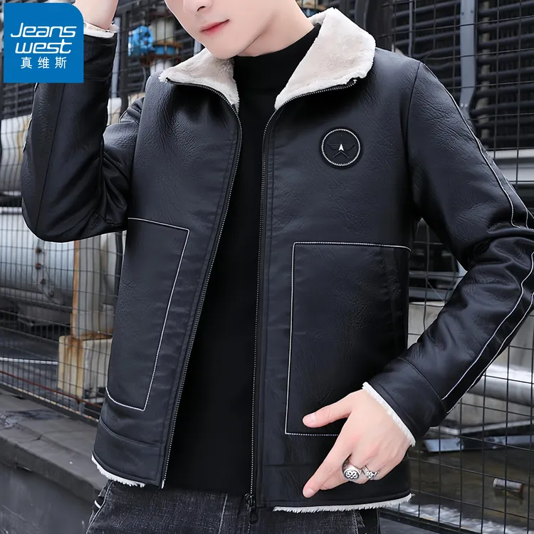 真维斯Jeanswest/男士潮流皮毛一体加绒皮衣冬季加厚痞帅夹克外套
