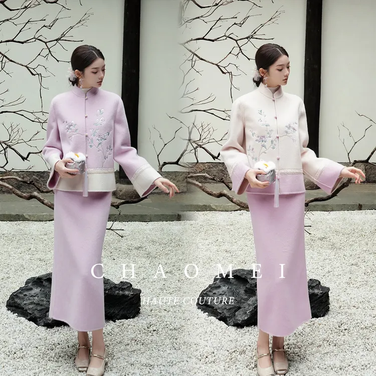 【玉娇娥】冯（CHAOMEI国风新中式双面可穿刺绣100羊毛双面呢套装