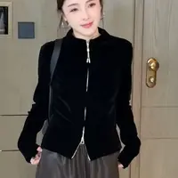 丝绒下摆拉链常规款长袖短外套时尚网红短款立领上衣