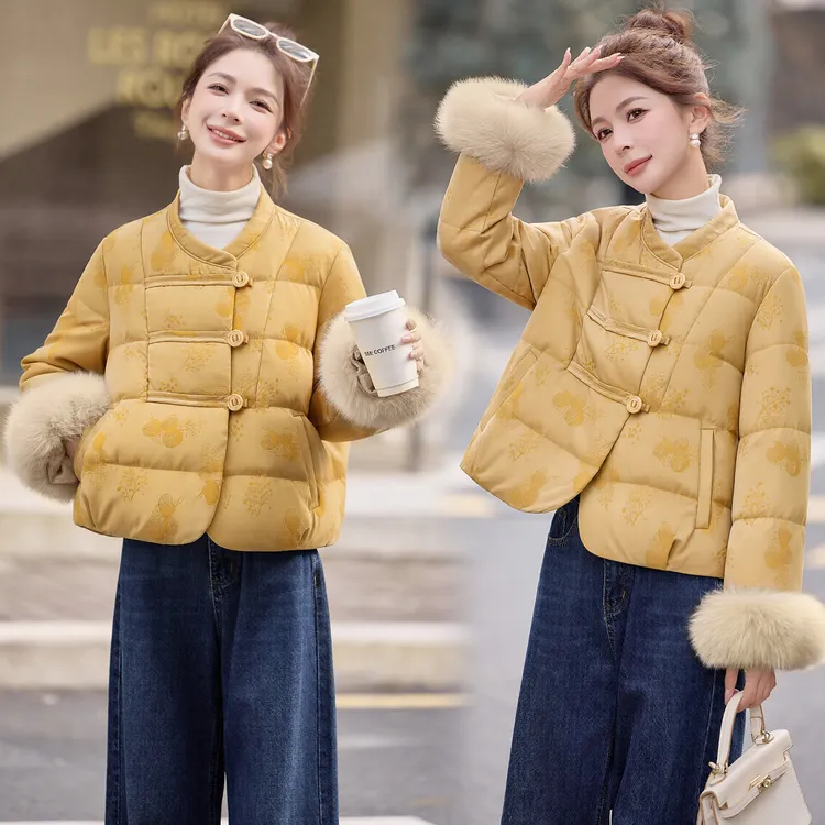 新中式国风狐狸毛拼接提花羽绒服女2025年冬季新款白鹅绒短款外套