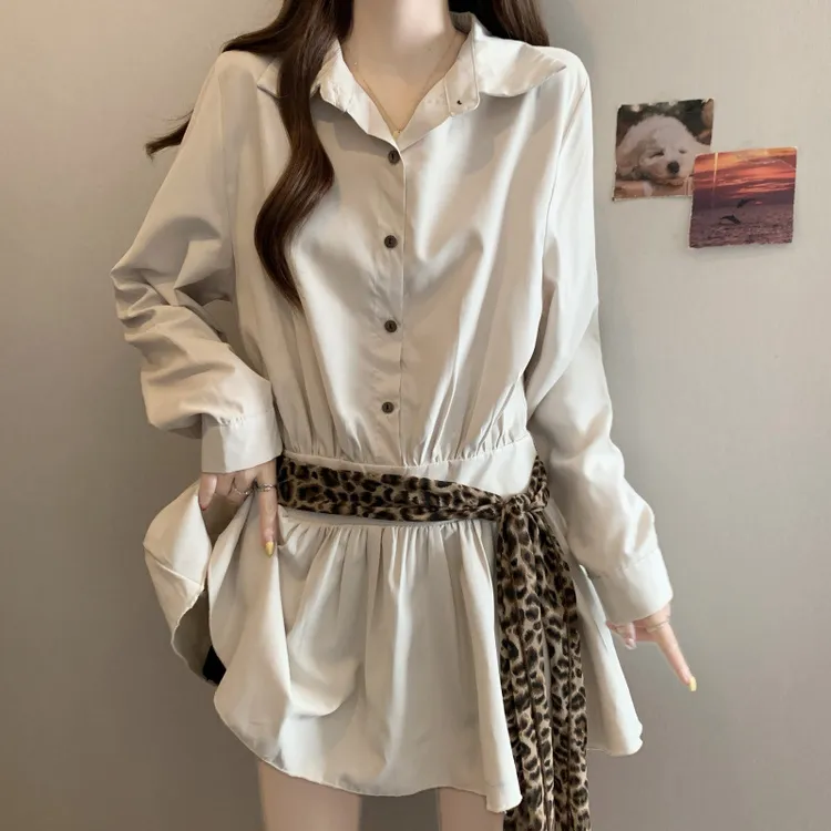 秋装韩系polo领长袖衬衫气质连衣裙豹纹收腰百褶短裙工装甜酷港味