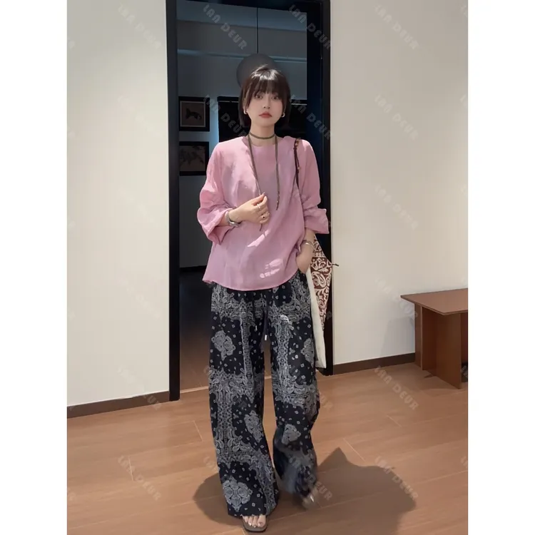 JIUJIU【花间隐月】气质高腰夏季复古宽松印花设计师提花显瘦休闲裤
