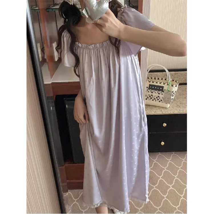 GPSUNLU爱心荷叶边冰丝睡衣女夏季香芋紫色飞袖睡裙蕾丝家居服