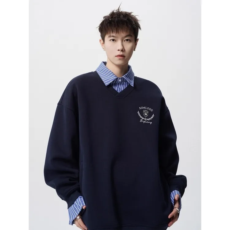 美式假两件情侣卫衣男秋重磅潮牌学院风长袖上衣设计感衬衫领外套