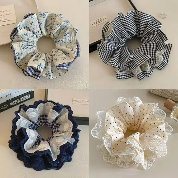 双层藏青格纹格子蕾丝爱心发圈花边大肠新款绳低丸子马尾头发头绳