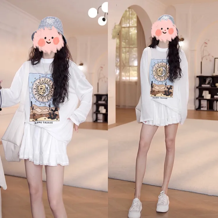 慵懒风休闲简约长袖T恤两件套女士2025夏季高腰独特别致裙裤套装