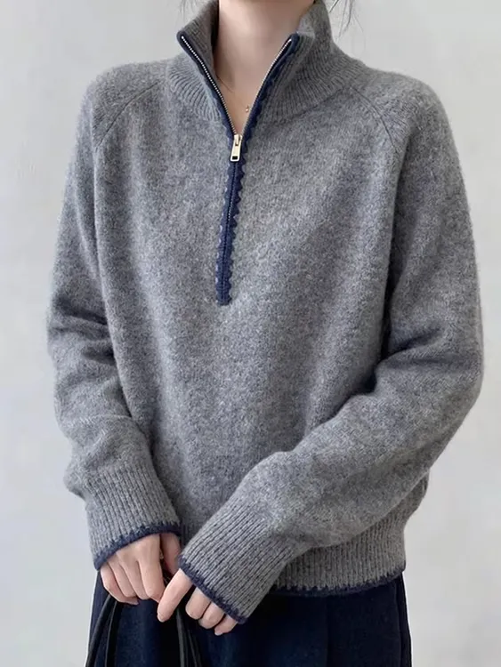 慵懒风高级感半拉链针织衫女秋冬新款撞色休闲百搭显瘦打底上衣女