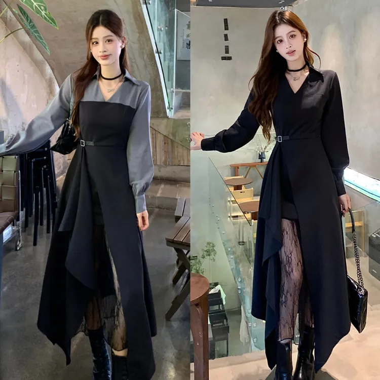 秋季气质黑色开叉连衣裙子女025新款早秋流行穿搭高级感长袖长裙